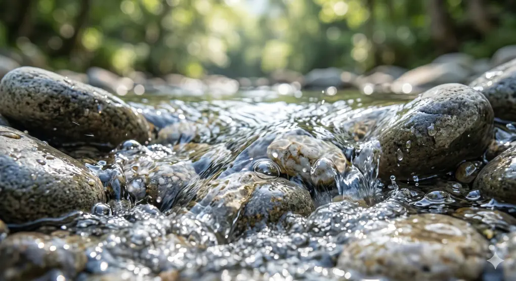 Wisdom of Fardhu Prayers: Spiritual and Physical Needs 3 A detailed macro photograph of a fast-flowing, crystal-clear river, focused tightly on smooth, natural river pebbles and water-worn stones. Water rapidly streaks over the rounded pebbles, with bright sunlight refractions creating brilliant specular highlights. Peaceful nature background.