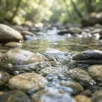 Macro photography of crystal clear absolute water flowing over smooth river stones, symbolizing purity and Islamic taharah.