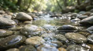 Shafi'i School of Jurisprudence: The Complete Guide to Islamic Law, Prayers, and Tasawuf 23 Macro photography of crystal clear absolute water flowing over smooth river stones, symbolizing purity and Islamic taharah.