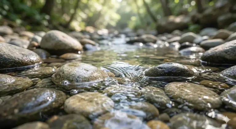 Macro photography of crystal clear absolute water flowing over smooth river stones, symbolizing purity and Islamic taharah.