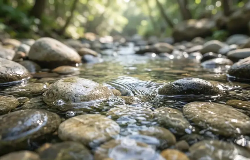 Macro photography of crystal clear absolute water flowing over smooth river stones, symbolizing purity and Islamic taharah.