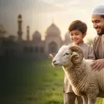 A Muslim father and son smiling at a healthy sacrificial ram on Eid al-Adha with a beautiful mosque in the background.