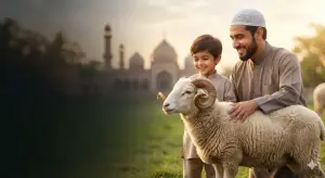 Shafi'i School of Jurisprudence: The Complete Guide to Islamic Law, Prayers, and Tasawuf 3 A Muslim father and son smiling at a healthy sacrificial ram on Eid al-Adha with a beautiful mosque in the background.