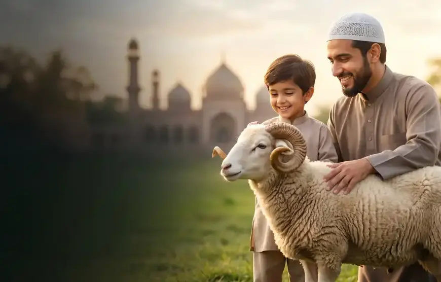 A Muslim father and son smiling at a healthy sacrificial ram on Eid al-Adha with a beautiful mosque in the background.