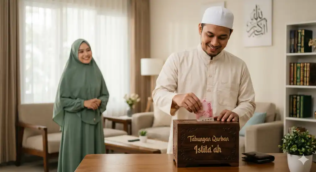 The Ruling of Qurban in Islam: A Comprehensive Guide 2 A Muslim man placing money into a wooden Qurban savings box supported by his modestly dressed wife at home.