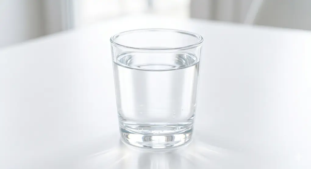 Are Dead Mosquitoes and Flea Blood Najis? A Shafi'i Fiqh Perspective 2 A pristine crystal drinking water glass with clear, transparent water on a minimalist white table, macro photography, bright lighting, emphasizing water clarity.