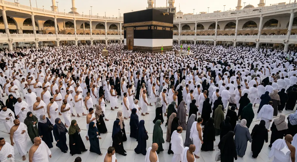 The Legal Basis of Hajj and Umrah in Islamic Jurisprudence 2 Millions of pilgrims in Ihram garments performing Tawaf around the Kaaba.