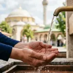 Hands catching clear water for wudu with a blurry mosque in the background