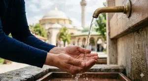 Shafi'i School of Jurisprudence: The Complete Guide to Islamic Law, Prayers, and Tasawuf 17 Hands catching clear water for wudu with a blurry mosque in the background