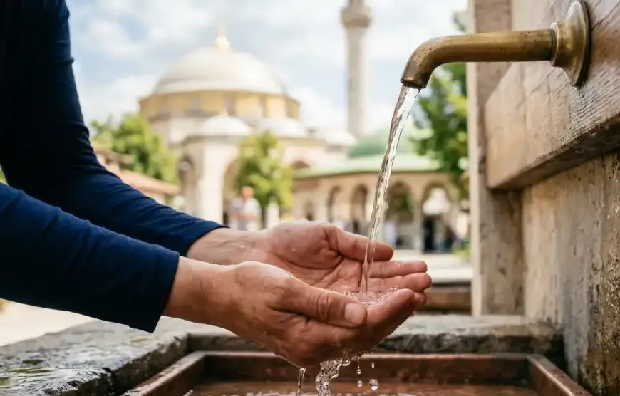 Shafi'i School of Jurisprudence: The Complete Guide to Islamic Law, Prayers, and Tasawuf 23 Hands catching clear water for wudu with a blurry mosque in the background