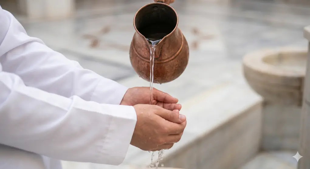 The Wisdom of Thaharah in Islam: Purifying the Body and Soul 3 A person performing Wudu by washing their hands with water from a copper pitcher.