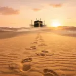 The History of Hajj in Islam: From Prophet Ibrahim to the Modern Era Footprints in the desert sand leading to the Kaaba at sunrise, symbolizing the history of Hajj.