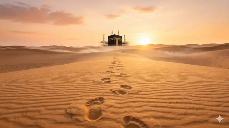 Shafi'i School of Jurisprudence: The Complete Guide to Islamic Law, Prayers, and Tasawuf 1 Footprints in the desert sand leading to the Kaaba at sunrise, symbolizing the history of Hajj.