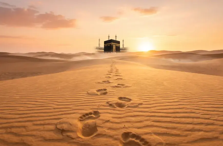 Footprints in the desert sand leading to the Kaaba at sunrise, symbolizing the history of Hajj.
