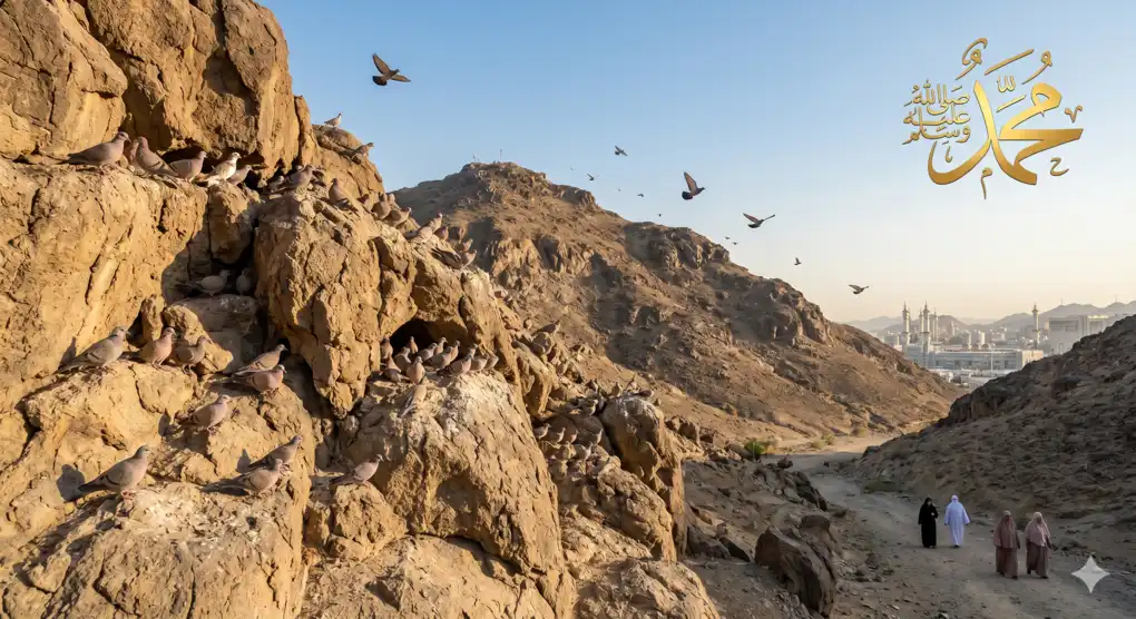 10 Prohibitions of Ihram in Hajj and Umrah: A Comprehensive Guide with Original References 3 Doves flying freely and resting on the rocky hills of Mecca, adorned with golden calligraphy of Muhammad peace be upon him in the clear sky.