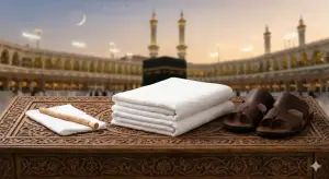Shafi'i School of Jurisprudence: The Complete Guide to Islamic Law, Prayers, and Tasawuf 17 Two unstitched white ihram cloths, a pair of open sandals, and a miswak on a carved wooden table with the silhouette of Masjid al-Haram in the background.