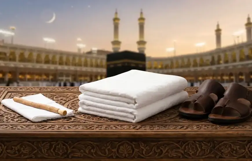 Two unstitched white ihram cloths, a pair of open sandals, and a miswak on a carved wooden table with the silhouette of Masjid al-Haram in the background.