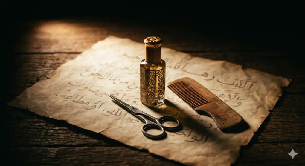 10 Prohibitions of Ihram in Hajj and Umrah: A Comprehensive Guide with Original References 2 A classic perfume bottle, small scissors, and a wooden comb placed on ancient parchment with Arabic script, illustrating ihram prohibitions.