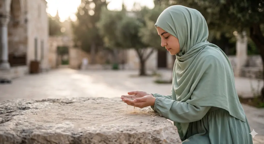 Mediums of Thaharah: Islamic Purification Tools and Their Importance 2 Side photography of a Muslim woman in a sage green syar'i hijab placing her hands over clean soil on a large stone to perform tayammum devoutly.