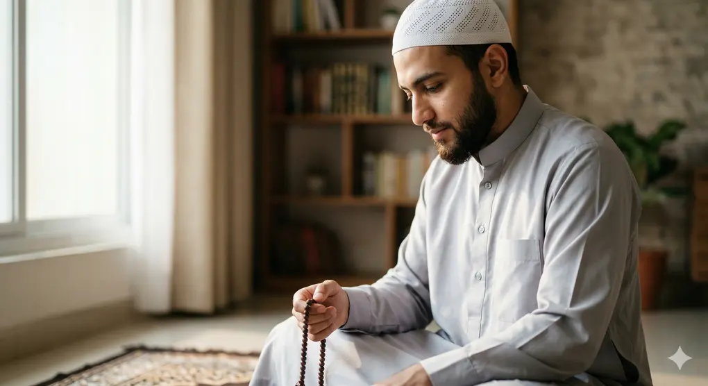 The Concept of Belief in Angels in Islam: Understanding the Second Pillar 4 A Muslim man performing dhikr peacefully on a prayer mat, representing the spiritual impact of believing in angels.