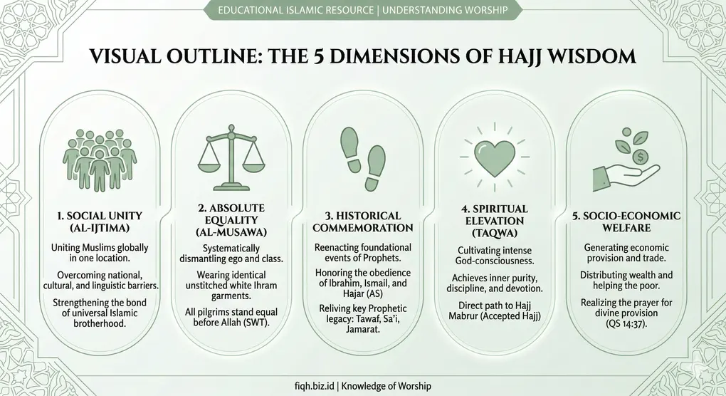 The Profound Wisdom of Hajj: A Deep Spiritual and Social Journey 2 Infographic outlining the 5 dimensions of Hajj wisdom including social unity, absolute equality, historical commemoration, spiritual elevation, and socio-economic welfare.