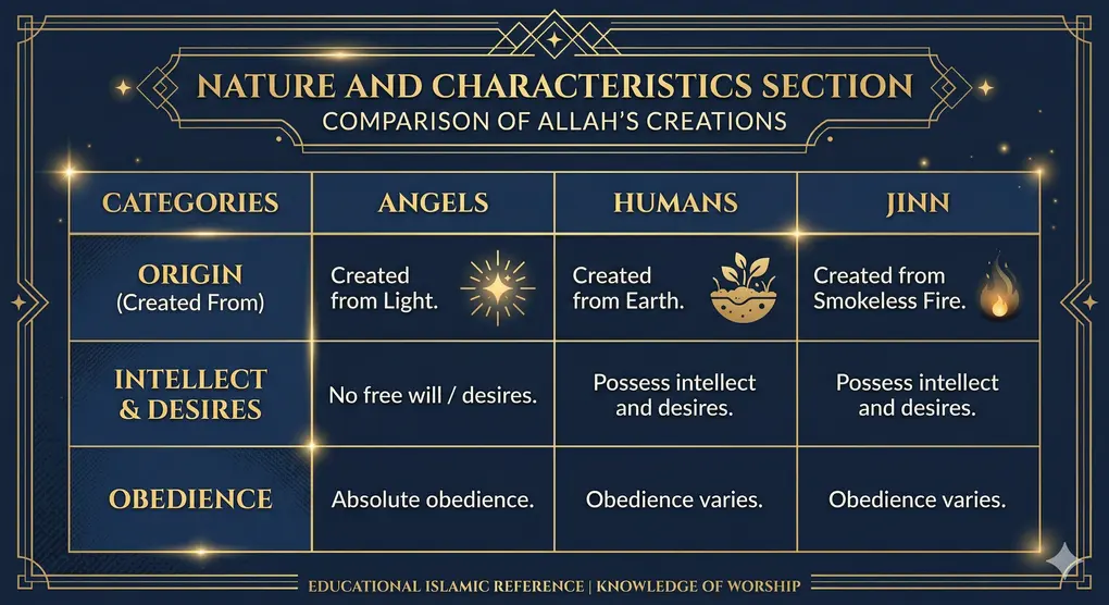 The Concept of Belief in Angels in Islam: Understanding the Second Pillar 2 Infographic table comparing the origins and characteristics of angels, humans, and jinn in Islam.
