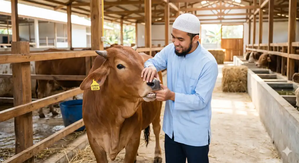 Comprehensive Guide to the Requirements of Qurban in Islam 2 A Muslim man inspecting the teeth and physical condition of a cow at a farm to ensure the valid conditions for the sacrificial animal are met.