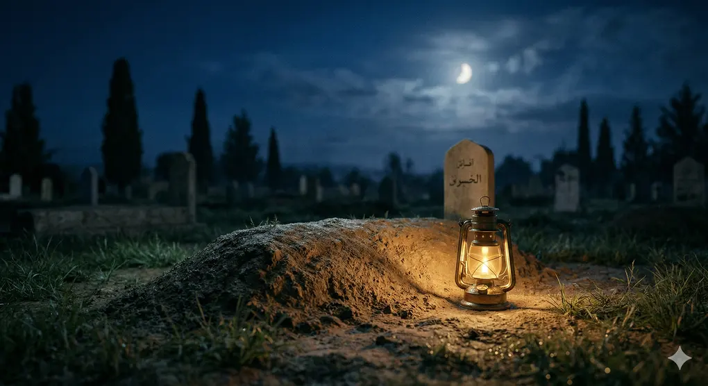 The Names of Angels in Islam and Their Noble Duties 3 An Islamic grave mound at night illuminated by a lantern, representing reflection on the Barzakh realm.