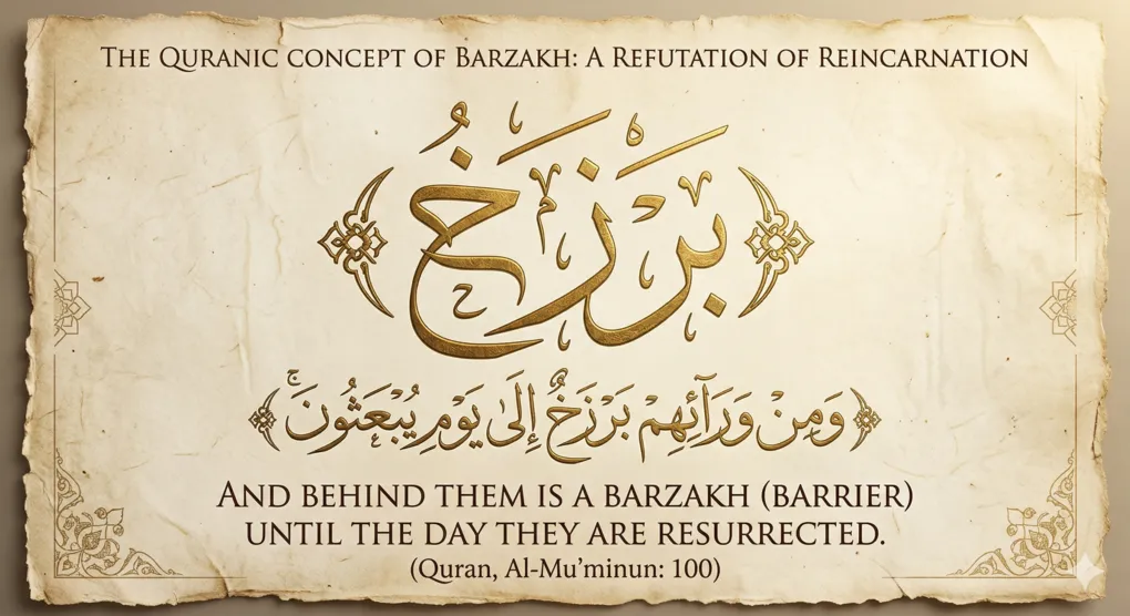 Hukum dan Hakikat Reinkarnasi dalam Islam: Tinjauan Akidah Berdasarkan Kitab Tuhfatul Ahwadzi 3 Kaligrafi Arab emas "Barzakh" (بَرْزَخ) di atas perkamen kuno, dengan ayat Surah Al-Mu'minun: 100 dalam bahasa Arab dan Inggris, menegaskan keberadaan Barzakh dan menolak reinkarnasi.