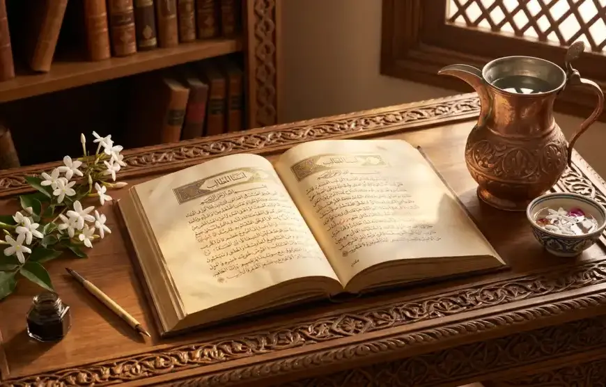 Shafi'i School of Jurisprudence: The Complete Guide to Islamic Law, Prayers, and Tasawuf 7 Ghusl after menstruation: An open classic fiqh book alongside a copper pitcher filled with pure water and jasmine flowers on a carved wooden table.