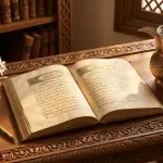 Kitab fikih klasik terbuka bersanding dengan teko tembaga berisi air suci dan bunga melati di atas meja kayu berukir.