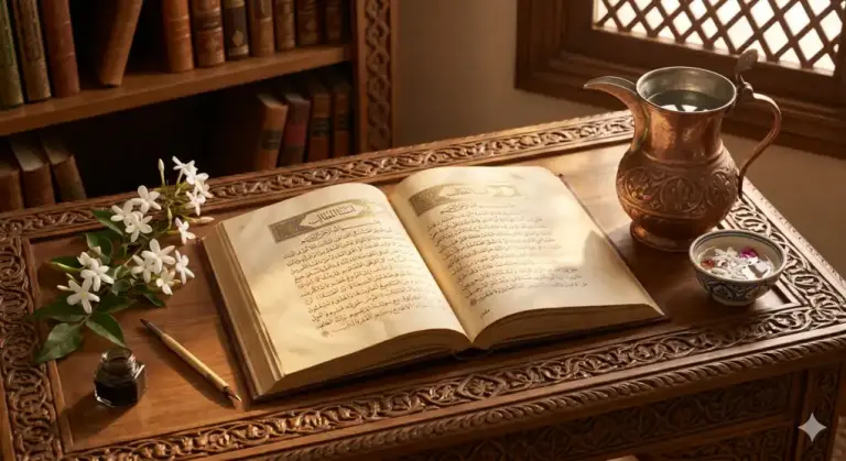 Home 7 Kitab fikih klasik terbuka bersanding dengan teko tembaga berisi air suci dan bunga melati di atas meja kayu berukir.