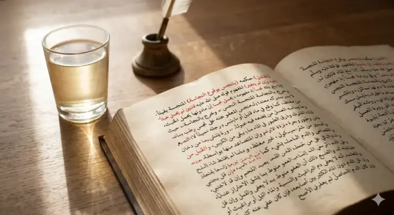 Opened classical Arabic Shafi'i fiqh kitab titled Kashifat as-Saja on a wooden desk with a clear tea water glass, displaying specific Arabic text about excused impurities in water and prayer garments.