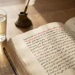 Kitab fiqih klasik Kashifat as-Saja terbuka dengan teks Arab spesifik mengenai najis yang dimaafkan dalam air dan pakaian, di samping segelas air teh bening di meja kayu estetik.