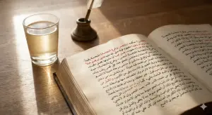 Home 5 Kitab fiqih klasik Kashifat as-Saja terbuka dengan teks Arab spesifik mengenai najis yang dimaafkan dalam air dan pakaian, di samping segelas air teh bening di meja kayu estetik.