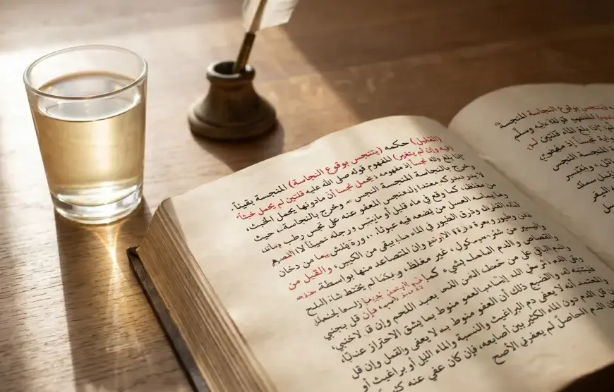 Kitab fiqih klasik Kashifat as-Saja terbuka dengan teks Arab spesifik mengenai najis yang dimaafkan dalam air dan pakaian, di samping segelas air teh bening di meja kayu estetik.