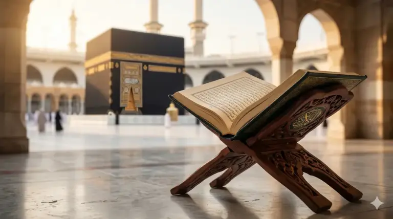 An open classical Fiqh book with the Kaaba in the background symbolizing the legal basis of Hajj and Umrah.