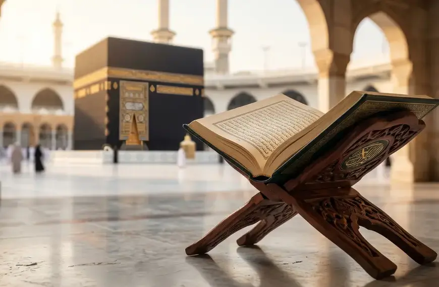 Shafi'i School of Jurisprudence: The Complete Guide to Islamic Law, Prayers, and Tasawuf 29 An open classical Fiqh book with the Kaaba in the background symbolizing the legal basis of Hajj and Umrah.