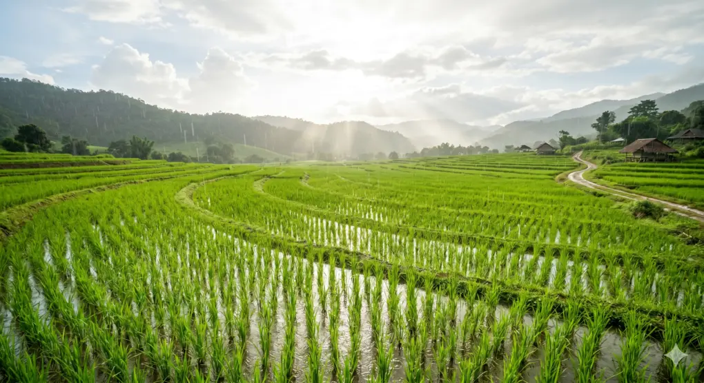 Wisdom of Fardhu Prayers: Spiritual and Physical Needs 2 A professional landscape photograph capturing a lush green rice paddy field in Southeast Asia during a moment of gentle, refreshing rain falling under a luminous, diffused bright sky. Sunbeams filter through the clouds over distant hills.
