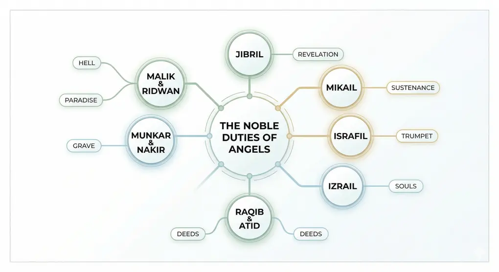 The Concept of Belief in Angels in Islam: Understanding the Second Pillar 3 A mind-map diagram detailing the names and noble duties of angels in Islamic teachings.