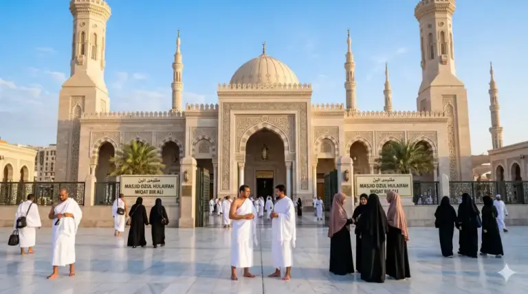Shafi'i School of Jurisprudence: The Complete Guide to Islamic Law, Prayers, and Tasawuf 1 Hajj and Umrah pilgrims preparing and wearing ihram garments at the Miqat Mosque of Dzul Hulaifah in the morning.