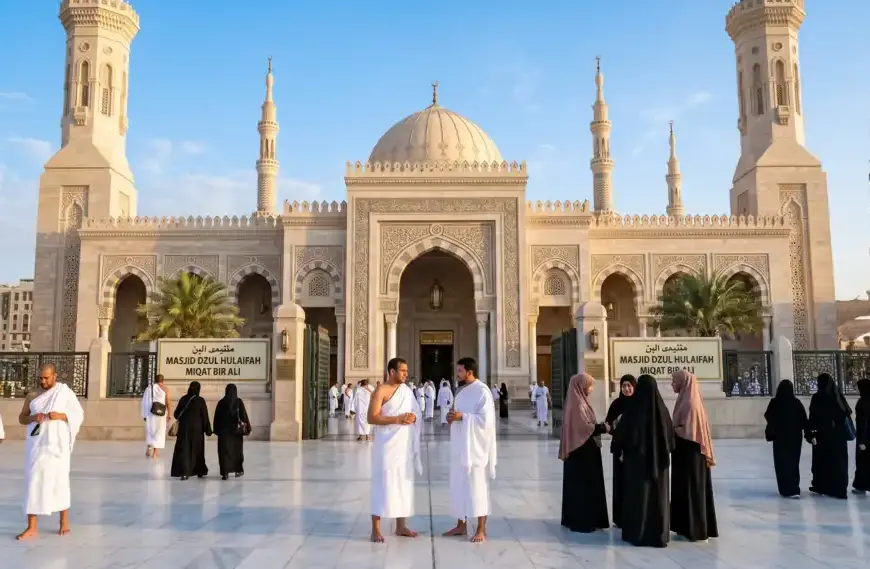 Hajj and Umrah pilgrims preparing and wearing ihram garments at the Miqat Mosque of Dzul Hulaifah in the morning.