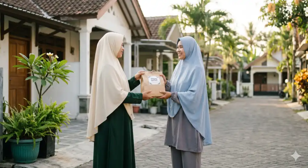 Comprehensive Guide to the Requirements of Qurban in Islam 3 Two modestly dressed Muslim women in flowing hijabs smiling while sharing a package of Qurban meat in a peaceful residential neighborhood.