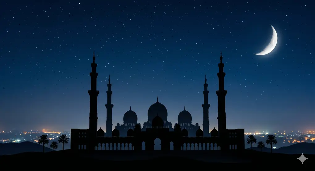 Understanding the 5 Mustajab Nights for Dua in Islam 2 Silhouette of a grand mosque and minarets under a night sky with a shining crescent moon.