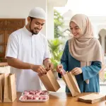 A Muslim man wearing a skullcap and a Muslim woman in a modest hijab smiling while packing Qurban meat into eco-friendly bags.