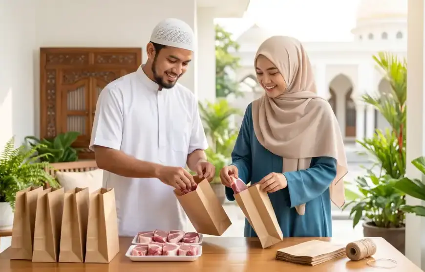 Shafi'i School of Jurisprudence: The Complete Guide to Islamic Law, Prayers, and Tasawuf 27 A Muslim man wearing a skullcap and a Muslim woman in a modest hijab smiling while packing Qurban meat into eco-friendly bags.