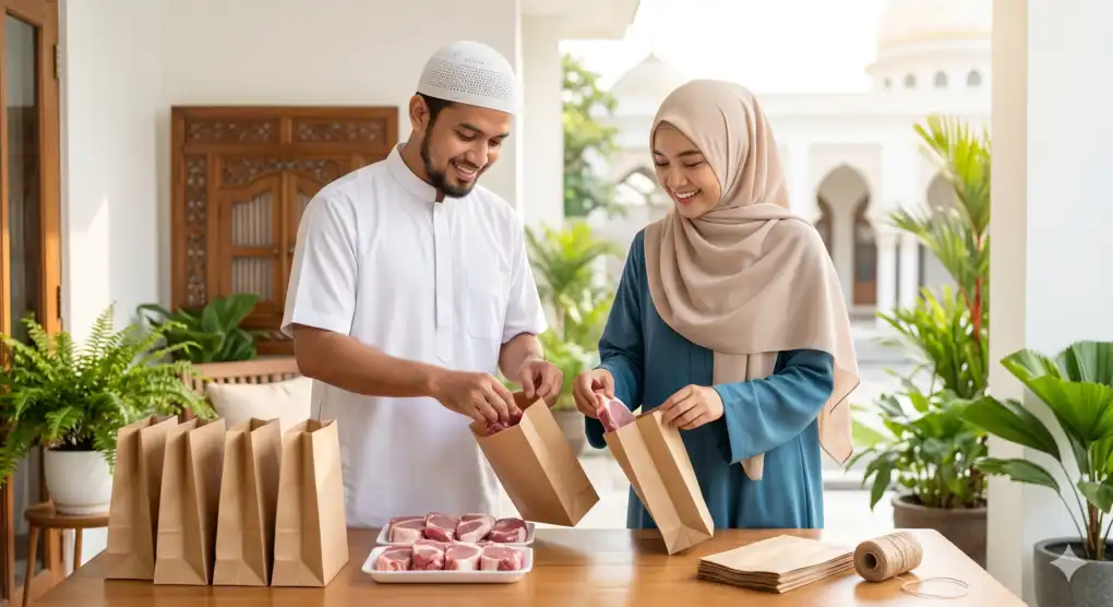 A Muslim man wearing a skullcap and a Muslim woman in a modest hijab smiling while packing Qurban meat into eco-friendly bags.
