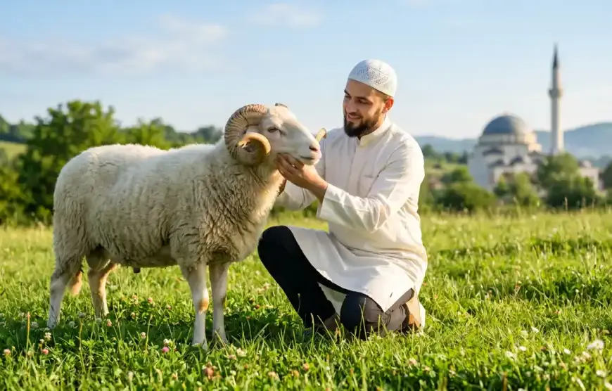 Shafi'i School of Jurisprudence: The Complete Guide to Islamic Law, Prayers, and Tasawuf 31 A neatly dressed Muslim man inspecting a healthy ram for Eid al-Adha sacrifice in a green meadow with a mosque in the background.