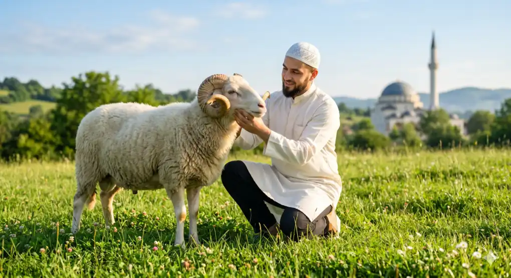A neatly dressed Muslim man inspecting a healthy ram for Eid al-Adha sacrifice in a green meadow with a mosque in the background.