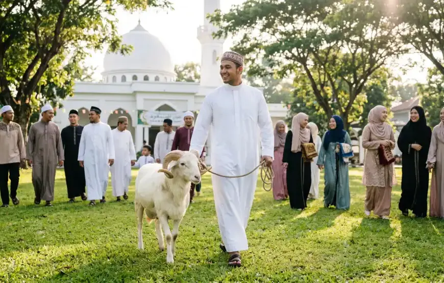 A neatly dressed Muslim man leading a Qurban ram in the morning after the congregation has finished the Eid al-Adha prayer.